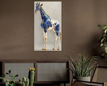 giraffe in delfts blauw en goud op een wit marmeren achtergrond