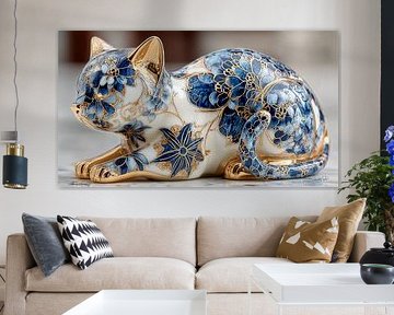 Katze in Delfter Blau und Gold auf weißem Marmorgrund