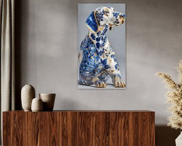 hond in delfts blauw en goud op een wit marmeren achtergrond van Gelissen Artworks
