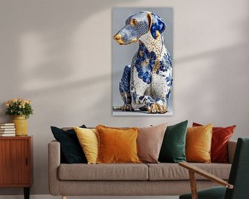 Hund in Delfter Blau und Gold auf weißem Marmorgrund