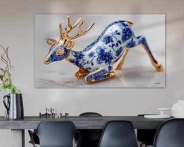 Giraffe in Delfter Blau und Gold auf weißem Marmorgrund