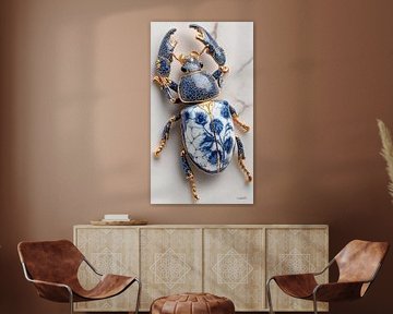 Krabbe / Hummer / Skorpion in Delfter Blau und Gold auf weißem Marmorgrund