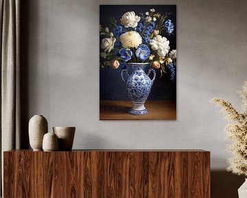 Boeket bloemen in delftsblauwe vaas van Diana Mets