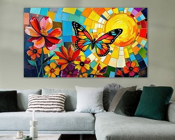 Abstracte zonsopgang - Een vlinder gedragen door licht in een mozaïek van hemelse sferen - van kleur, transformatie en lichtgevende aanwezigheid van AidasignArt