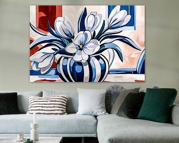 Bloemen in moderne blauwe vaas