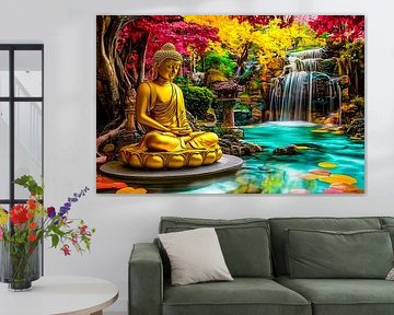 Boeddha bij kleurrijke waterval