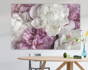 Romantische afbeelding van weelderig bloeiende witte en roze pioenrozen in een vintage look van Studio17