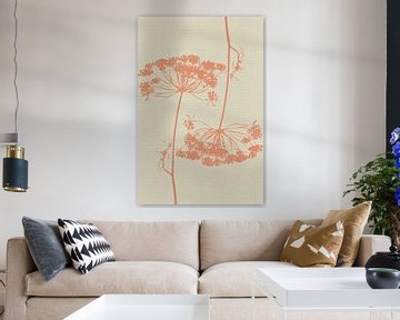 Tekening van dillebloem in koraal op wit van Dina Dankers