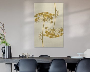 Moderne botanische illustratie in okergeel en wit van Dina Dankers