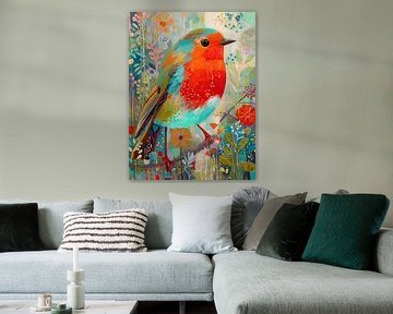 Oiseau - Poitrine orange et tête turquoise sur Peinture Abstraite