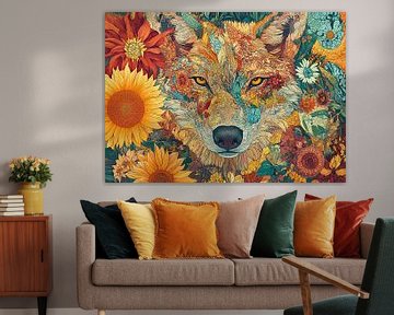 Zomer Wolf en Zonnebloemen Abstract van Abstract Schilderij