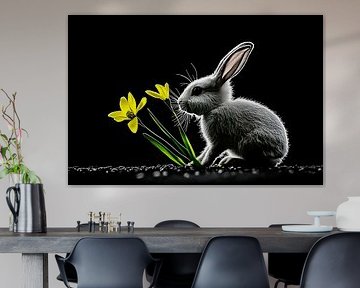 Wit konijn en gele bloemen