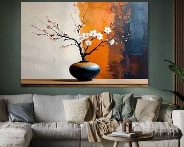 Japandi Art painting: Elegant vase with cherry blossom by Studio Pieternel