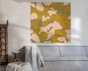 Retromotief uit de jaren 70 in donkeroker, roze en taupe. Bladeren van Dina Dankers