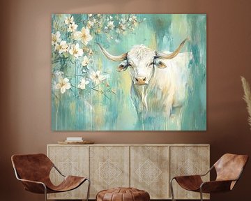 Rustige Witte Koe Tussen Bloemen van Zen en Meer