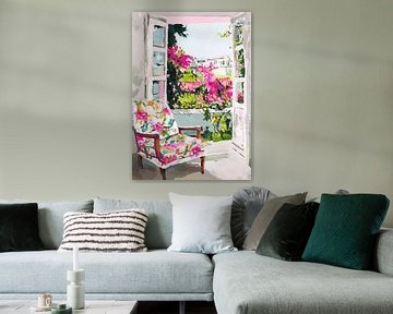 Greek view with armchair & flowers by Niklas Maximilian