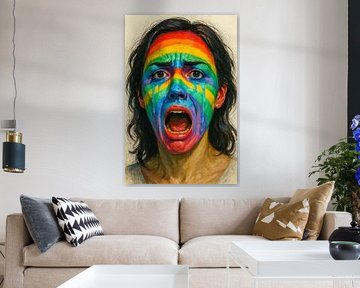 Shocked woman with rainbow face paint crying by Michar Peppenster