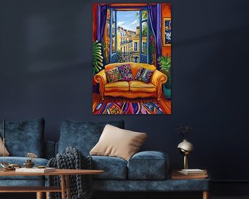 Vue sur la ville | Intérieur coloré avec vue sur Peintures accrocheuses