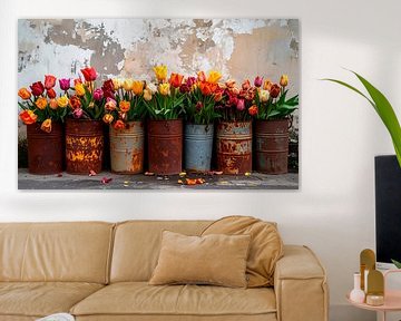 Tulpen in roestige vaten... van Ans Bastiaanssen