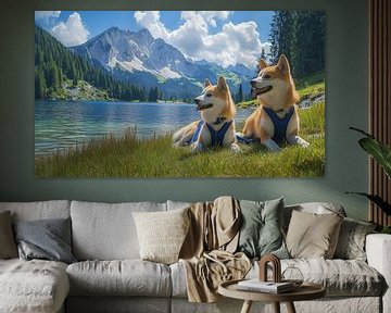 Akita honden en gebergte in het gras artistiek panorama van TheXclusive Art