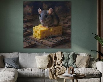Peinture d'une souris assise sur un morceau de fromage sur Johannes
