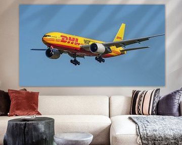 Landing DHL Aviation Boeing 777 cargo plane.