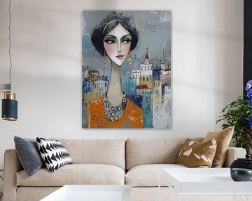 Vrouw met juwelen en stad van Abstract Schilderij