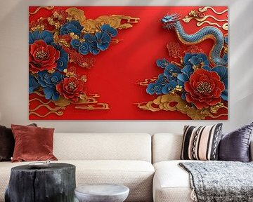 Chineze decoratieve bloemen en een draak panorama