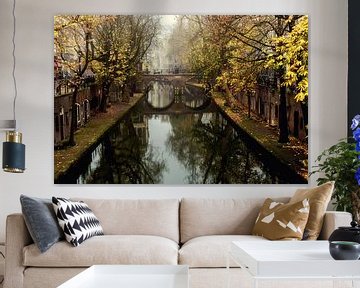 Wharf cellars along the Oudegracht in Utrecht in fog with a view of the Gaardbrug from the Hamburger by André Blom Fotografie Utrecht