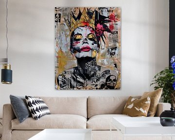 Urban Queen een krachtige vrouw met kroon in mixed media collage van Dutch Art Works