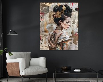 Golden Silence een vrouw met tattoo in barokke collage van Dutch Art Works
