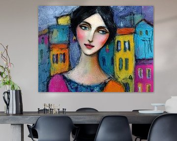 Kleurige Huizen Achtergrond van Abstract Schilderij