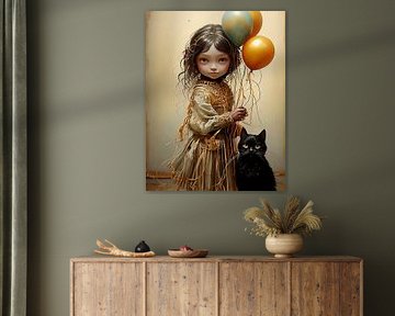 Girl with cat and balloons by Ans Bastiaanssen