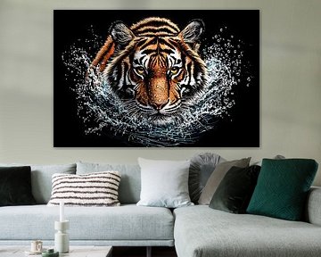 Mächtiger Tiger im spritzenden Wasser von Art & Soul Creations