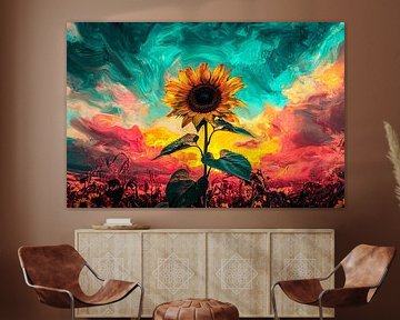 Kleurrijke zonnebloem tegen abstracte lucht van Imperial Art House