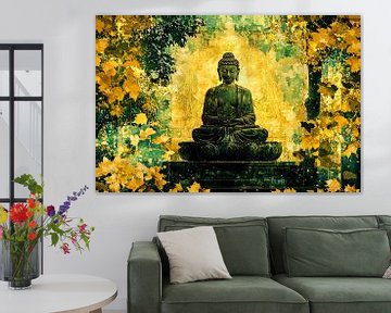 Boeddha met gouden herfstbladeren van Imperial Art House