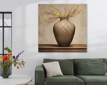 Earth tone Vase with Yellow Berries - Minimalist Still Life