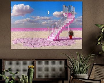 Rosa Treppe zum Mond über rosa Meer