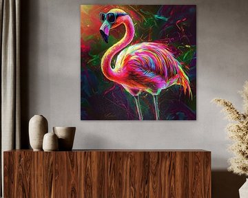 Flamingo glow - neon in feathers - stoere flamingo met zonnebril van Mel Digital Art