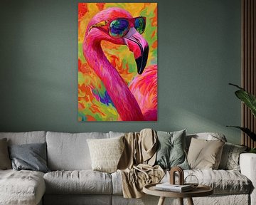 Kleurrijke flamingo met zonnebril en felle kleuren van Mel Digital Art