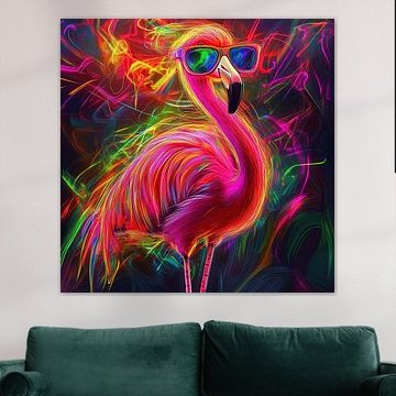 Elektrischer Flamingo - moderne Kunst mit Neonfarben und Pop-Art