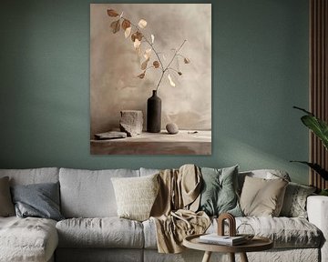 Earth & Elegance een stilleven met donkere vaas en natuurlijke stenen van Dutch Art Works