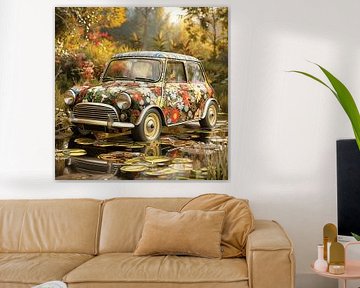 Oude Mini Cooper auto nostalgie kleurrijk pop art grafisch modern van gm_designs