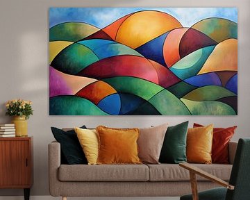 Bunte Landschaft Berge und Wellen abstraktes Acryl-Panorama
