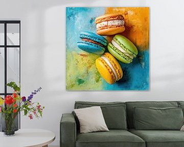 Macaron koekjes, Popart in Warhol Stijl, Digitale Kunst, Blauw, Geel & Groen van BowiScapes abstract en digitale kunst