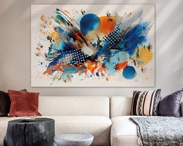 Abstract schilderij, levendig en dynamisch, blauw, turkoois, oranje van Joriali Abstract