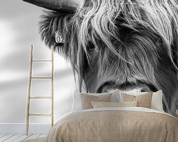 Portrait Scottish Highlander Schwarzweiss von Sandra van Kampen