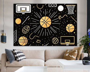 Dynamisch basketbalontwerp op zwarte achtergrond