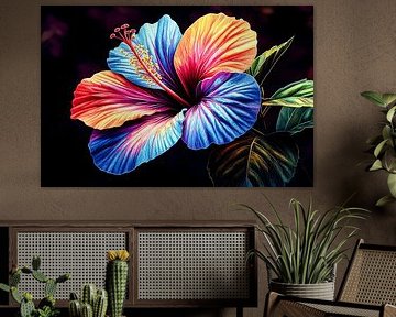 Fleur d'hibiscus colorée avec des feuilles sur Imperial Art House