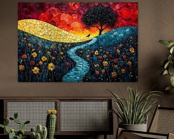 Paysage de fleurs colorées avec arbre